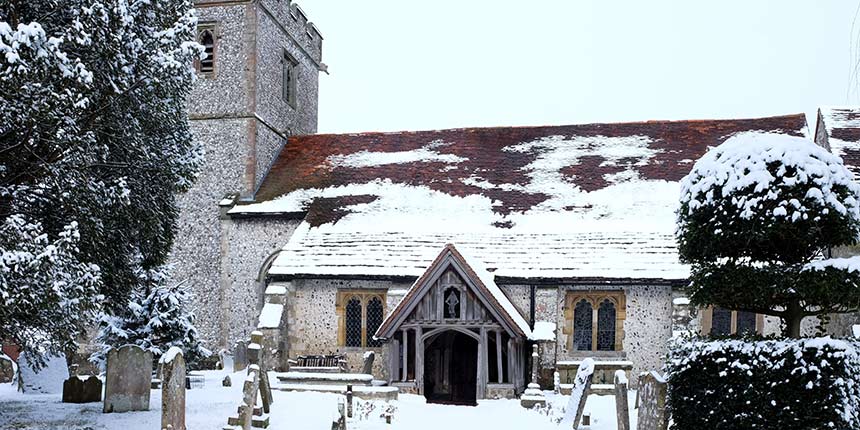 Churchyard covered in snow